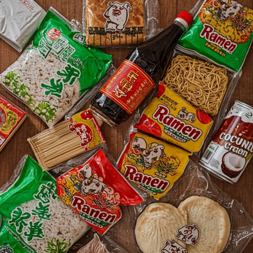 Asian pantry products — rice, noodles and sauces